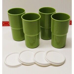 Lot 4 Vtg Tupperware 12oz Plastic Travel Tumblers Lids Classic Olive Green 350ml